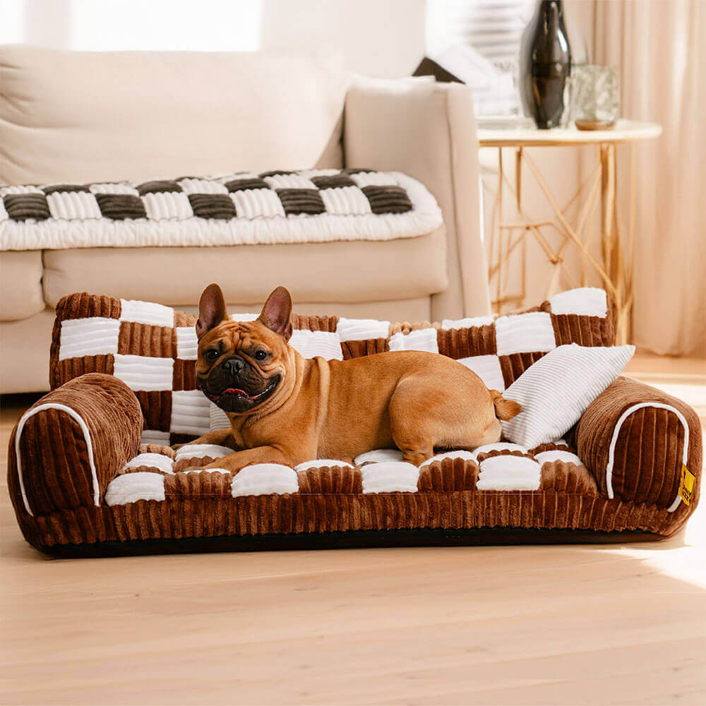 Chessboard Chic Meets Joint Support – Roomy Dog Sofa & Bed